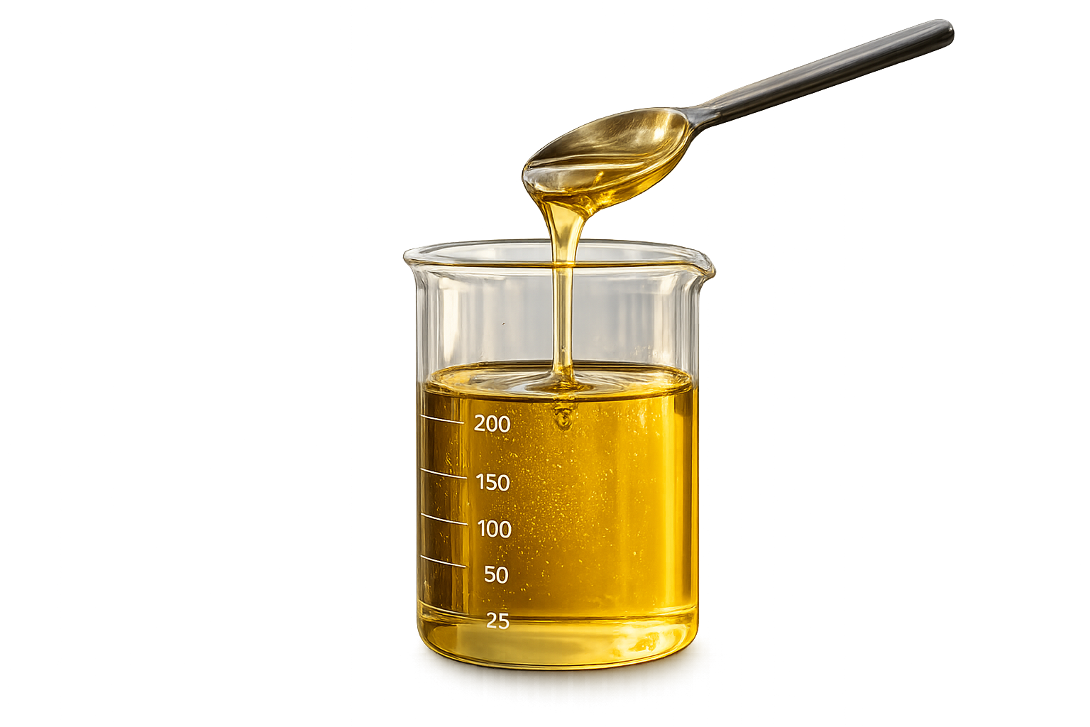 Golden oil pouring into beaker — Alpha Grade data refined and ready